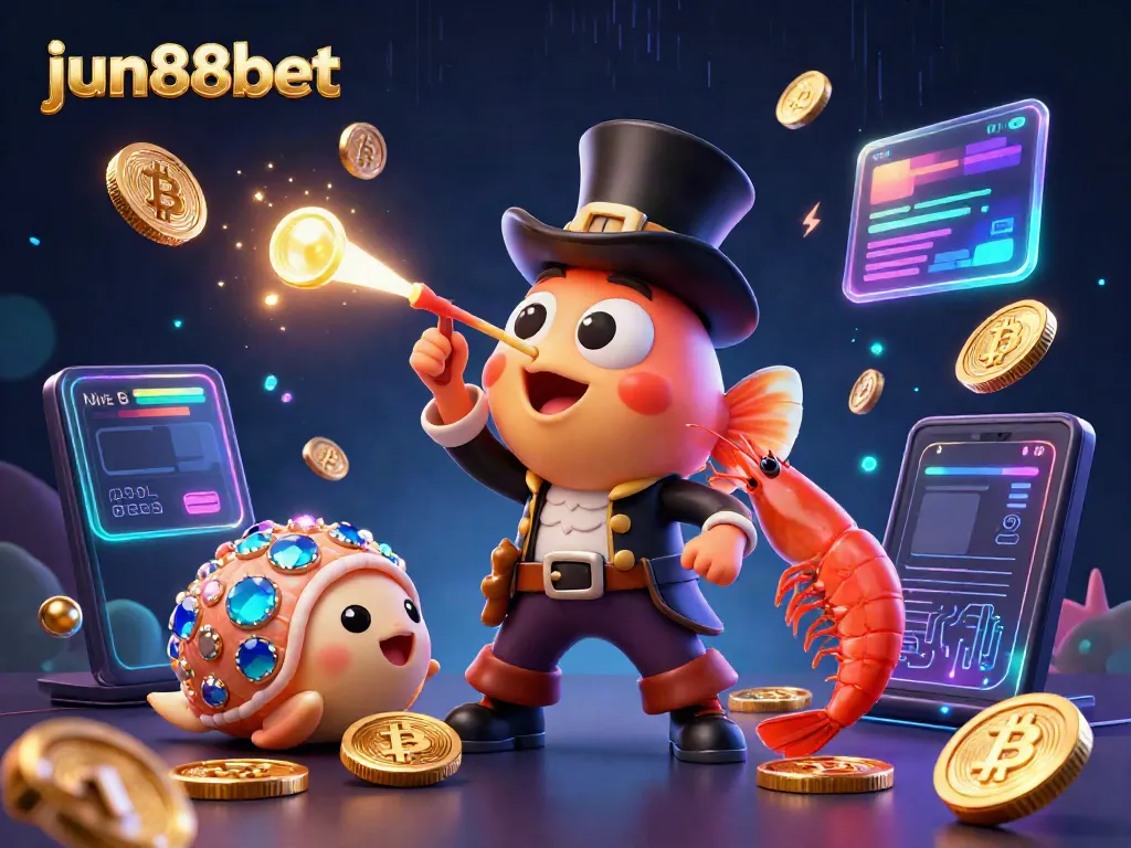 Experience the thrill of jun88bet with vibrant characters and glowing coins in a dynamic casino-themed illustration.
