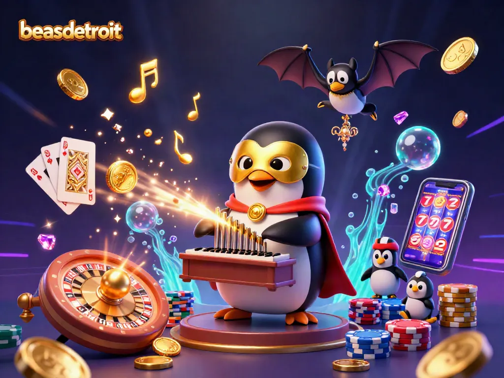 Experience beasdetroit's thrilling casino atmosphere with golden coins and dynamic game elements.