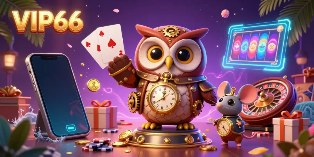 Play exciting casino games at VIP66 featuring a time-traveler owl with steampunk elements and vibrant slot experiences.