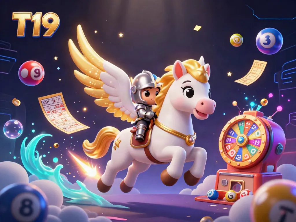 Engage in T19's thrilling gaming experience with a celestial horse and knight in a vibrant casino atmosphere.