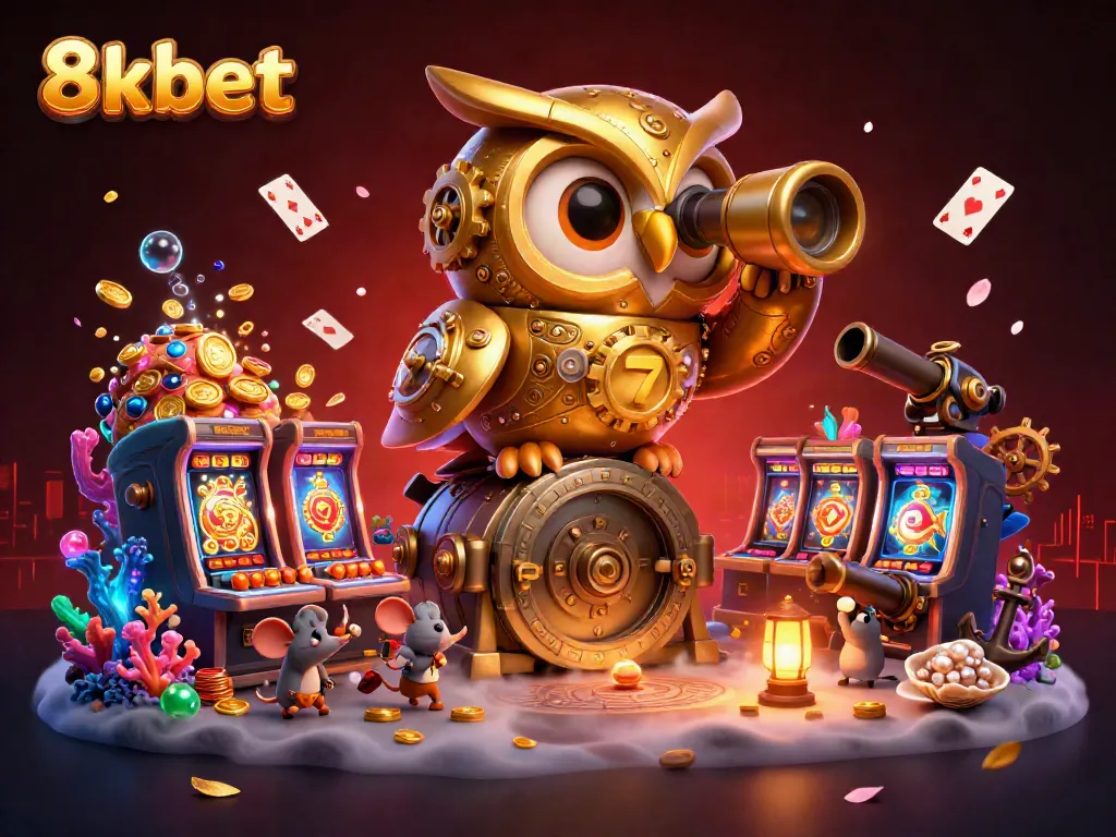 Engage with exciting casino experiences at 8xbet, featuring playful characters in a vibrant slot machine scene.