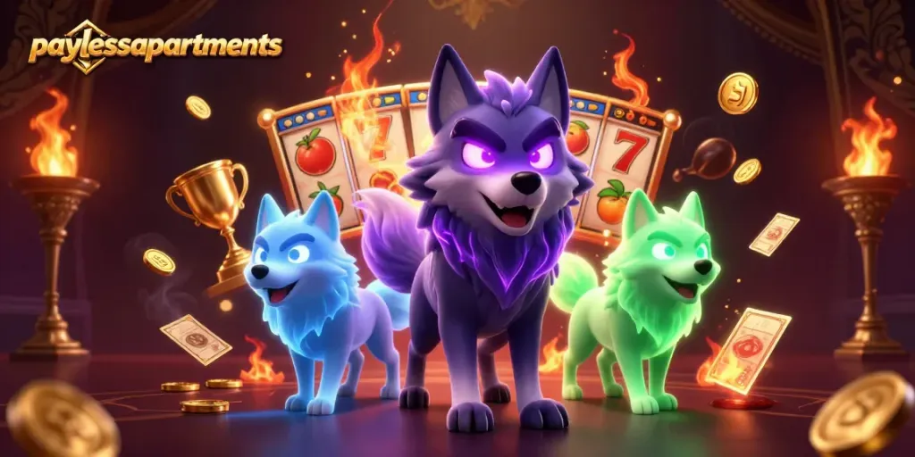 Experience excitement at paylessapartments with captivating casino action featuring slot reels and glowing wolves.
