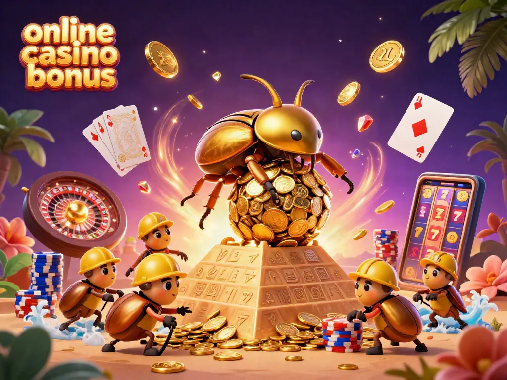 Experience exciting online casino bonus offers with vibrant 3D illustration of golden beetles and casino elements.