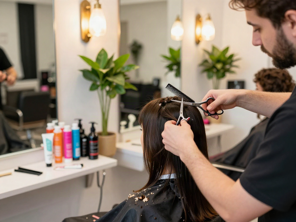 A skilled hairstylist at https://carbonegroupparrucchieri.it/ provides a haircut in a modern salon, showcasing vibrant decor and a welcoming atmosphere.
