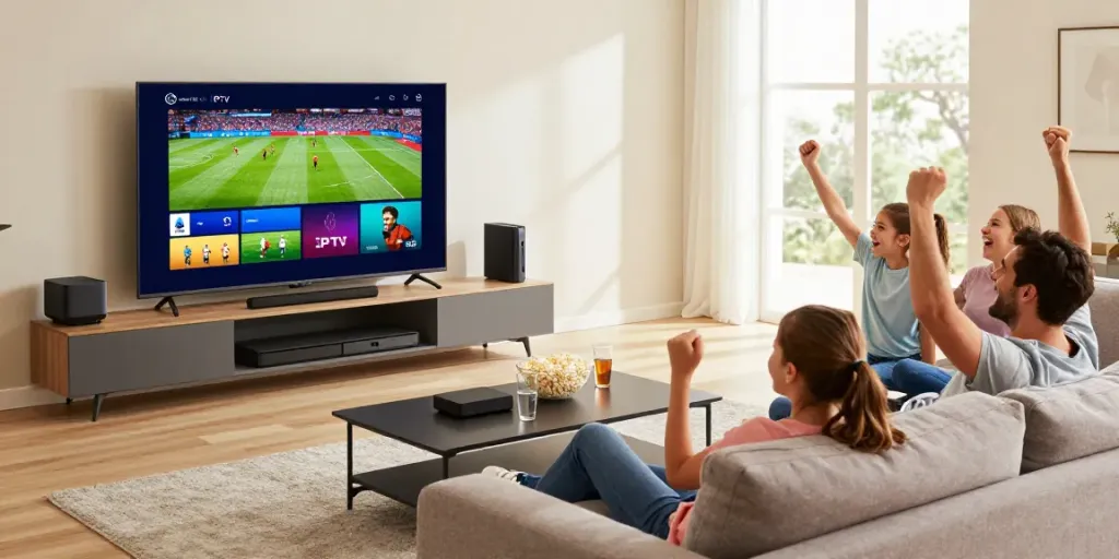 A family enjoying iptv italia channels in a cozy living room while cheering for their favorite sports.