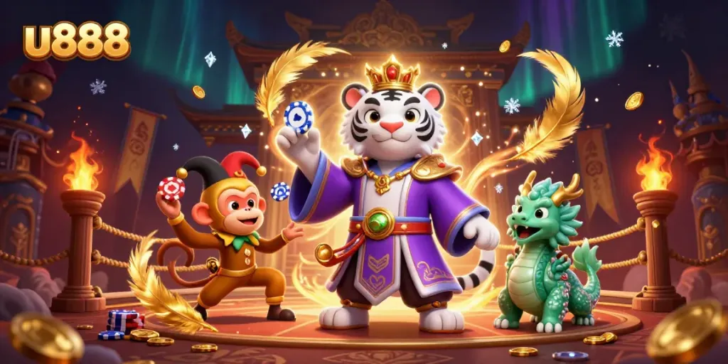 Engage with vibrant u888 gaming visuals showcasing luck and adventure in a dynamic casino scene.