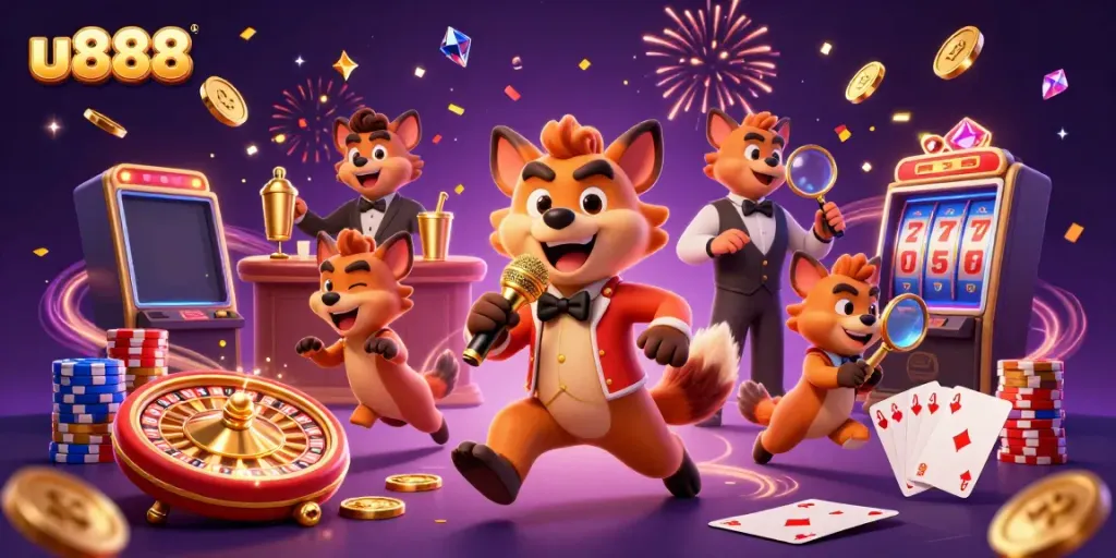 Experience the excitement of u888 casino with hyena characters in a vibrant 3D scene featuring games and festivities.