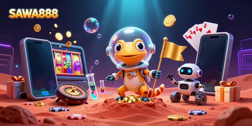 Engage with SAWA888 as a Martian gecko uncovers a dazzling casino treasure amid space adventure.