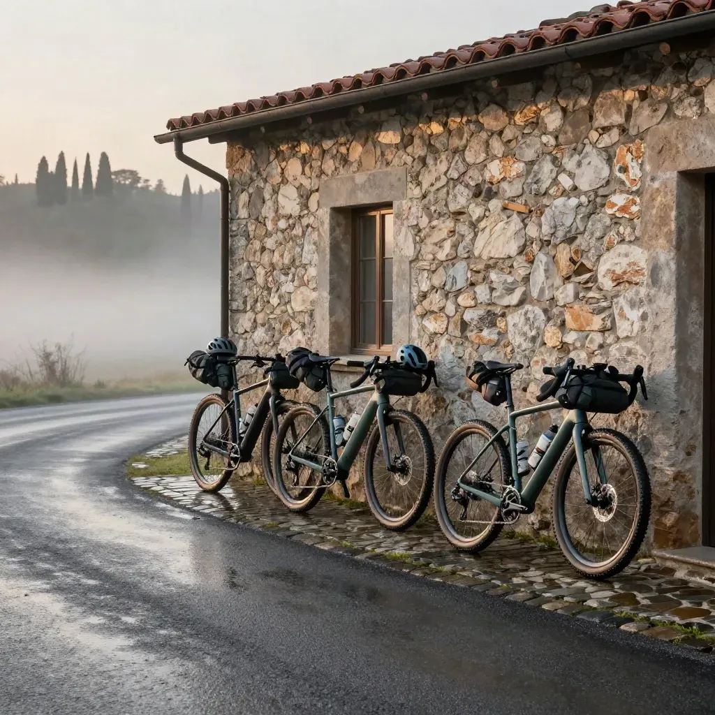 Tre bici da viaggio e e-bike davanti a un inn toscano sui ciottoli bagnati all’alba.