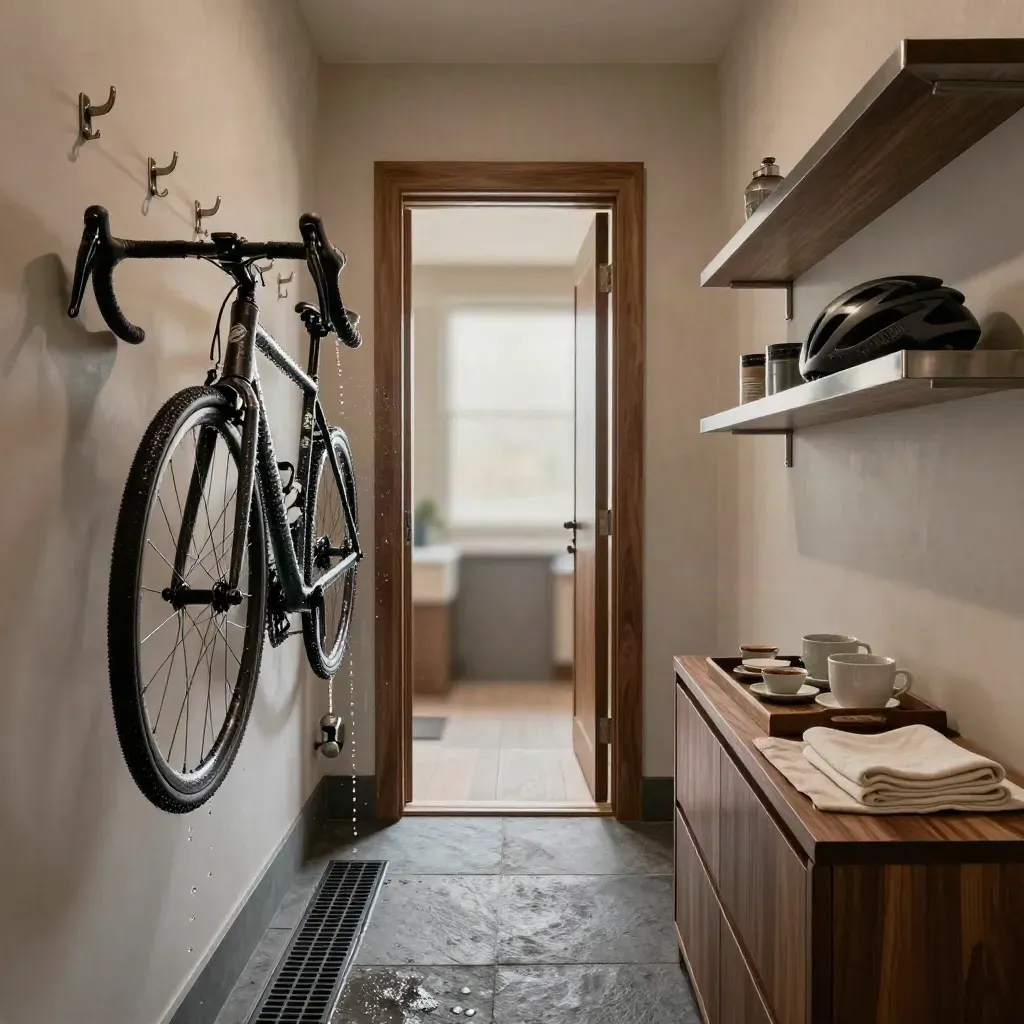 Locale bici dell’hotel con ganci, tubo di lavaggio, scaffali caschi e vassoio colazione pronto.