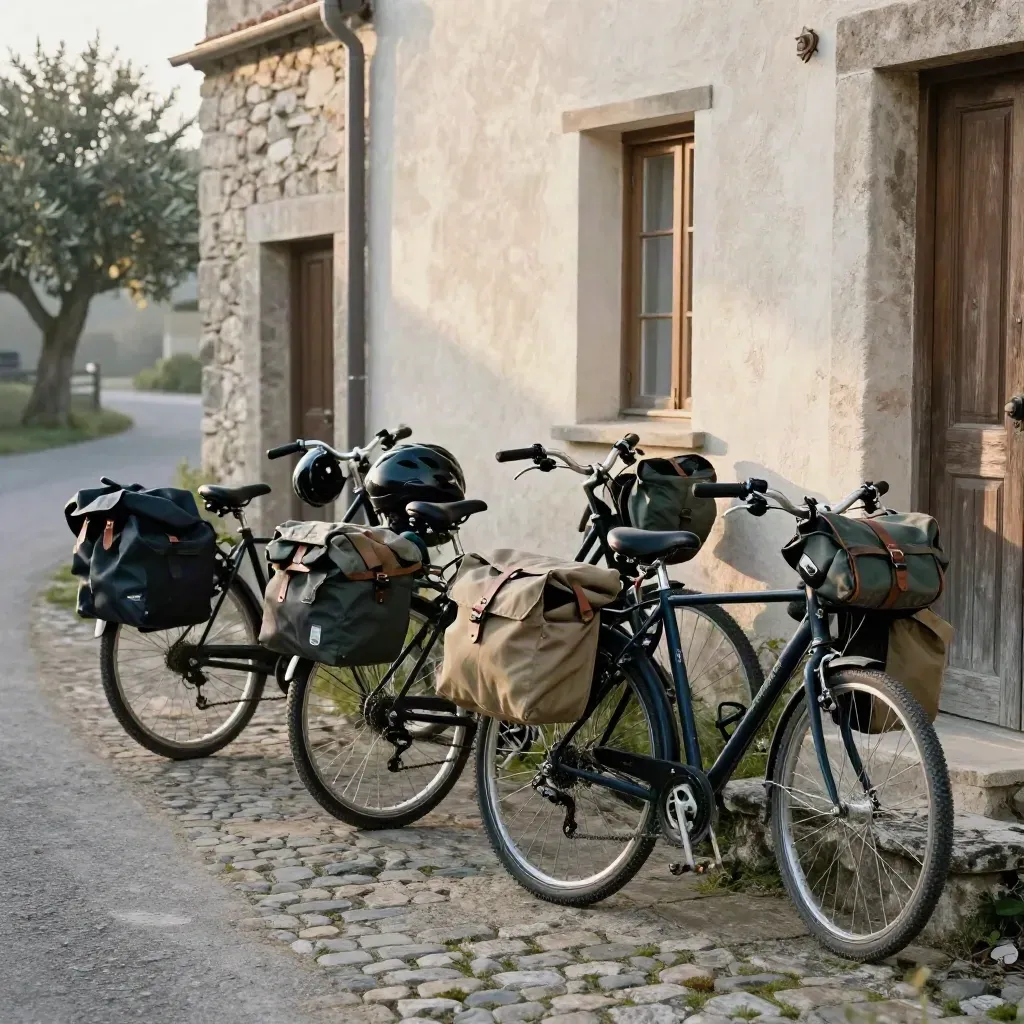 Biciclette da turismo con borse e caschi in un cortile di pietra al mattino