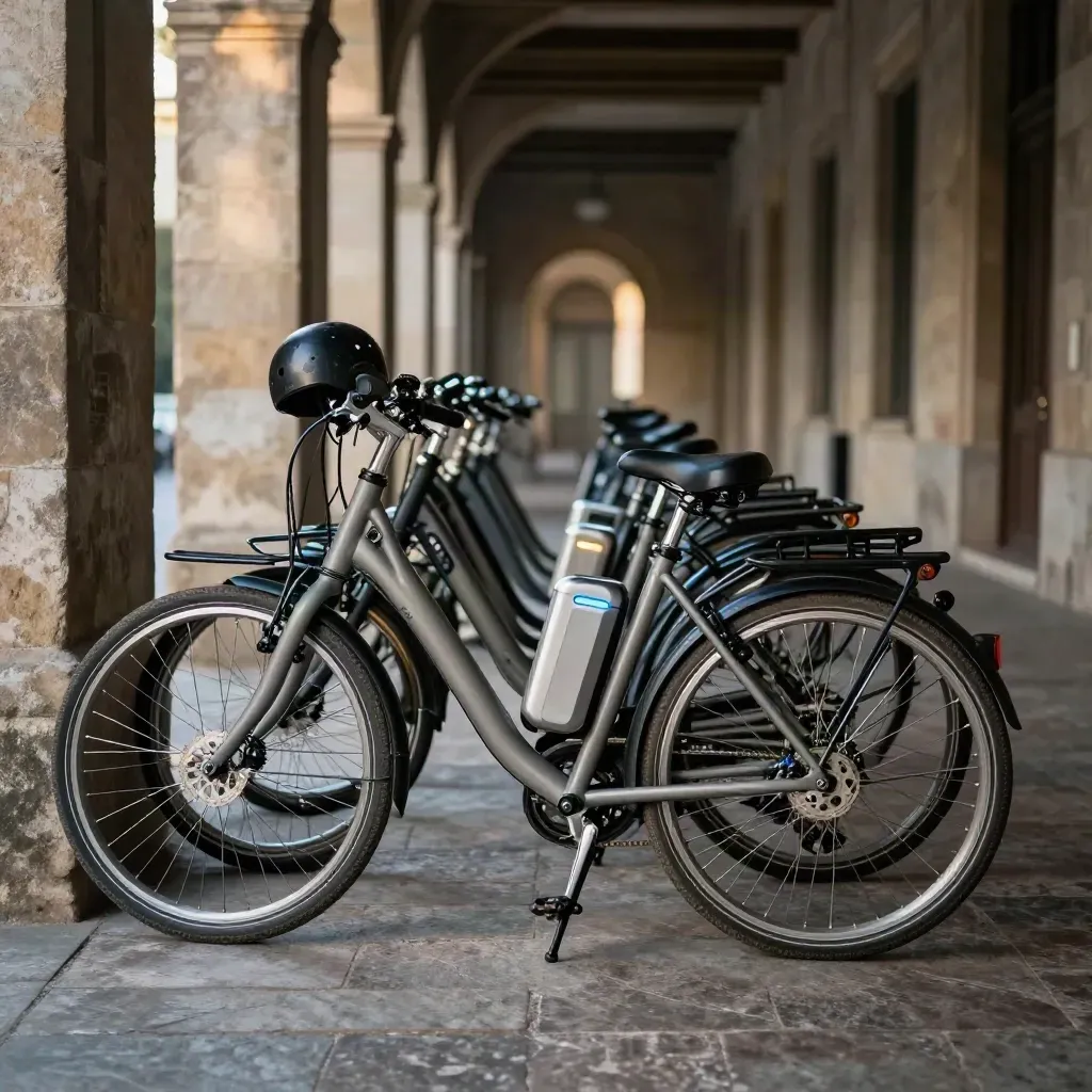 Fila di e-bike in carica sotto un portico in pietra, con caschi sul manubrio e luci soffuse.