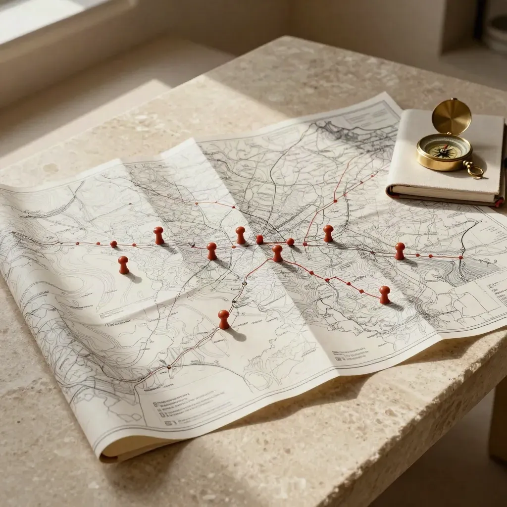 Mappa itinerario con puntine, bussola e taccuino chiuso in una stanza di pietra illuminata dal sole