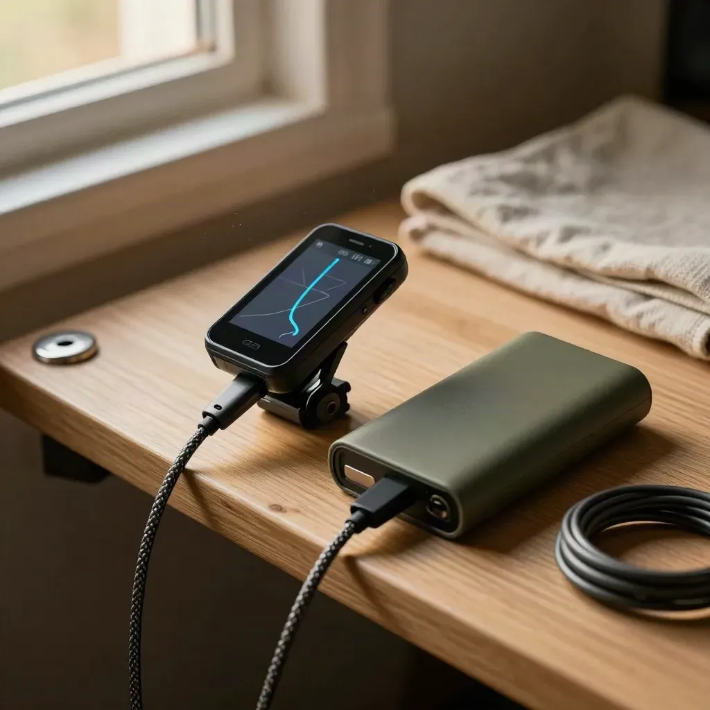 GPS da bici con cavo di ricarica e power bank su ripiano caldo, pronto alla partenza.