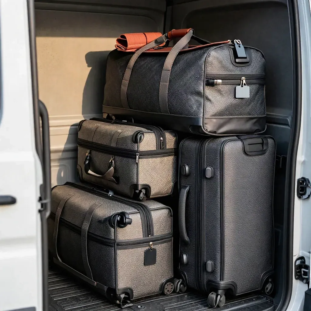 Valigie e duffel pronti nel vano di un van per il trasporto bagagli.