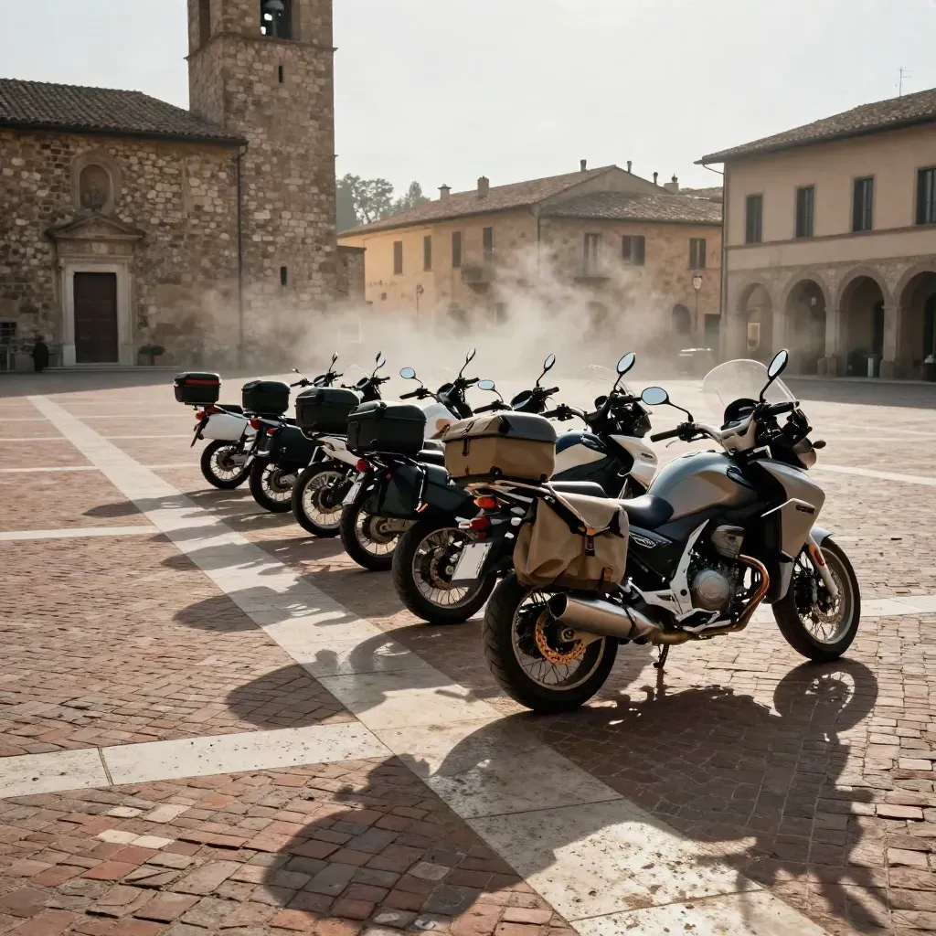 Piazza toscana vuota con bici da turismo parcheggiate e casse bagagli ai piedi del campanile