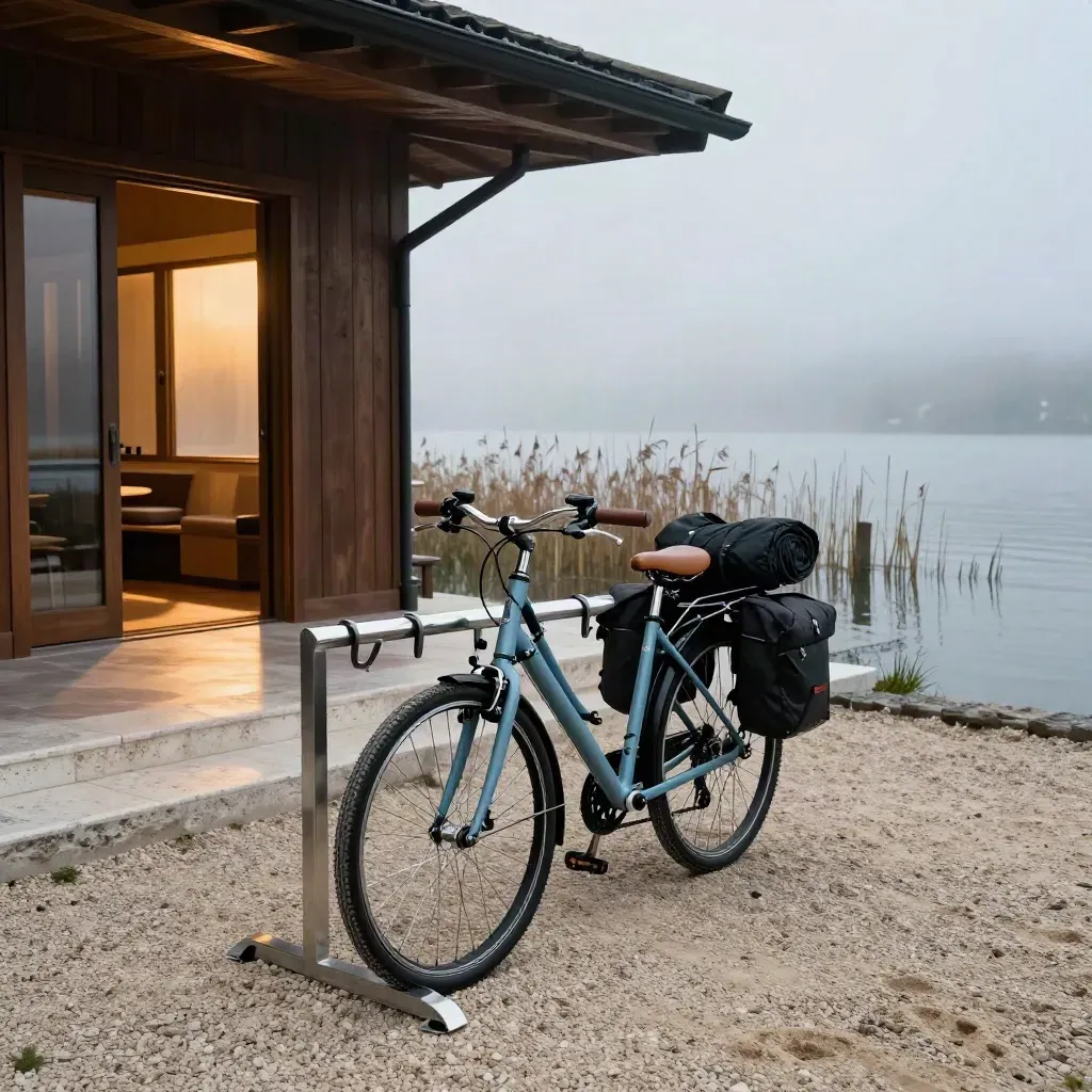 Bici da turismo pronta all’ingresso di un hotel sul lago, con rastrelliera e sentiero ghiaioso