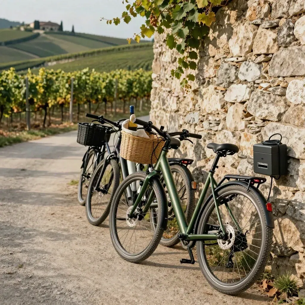 E-bike parcheggiate tra le vigne delle Langhe con cestino vino e box di ricarica.