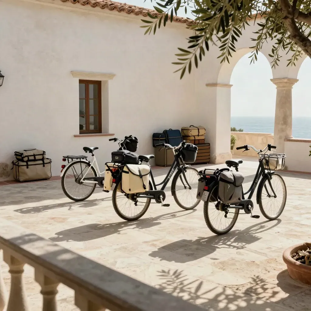 Quattro bici da turismo in un cortile di masseria bianca, luce di mare e ombre d’ulivo.