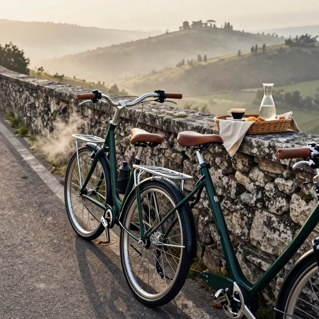 E-bike da turismo accanto a un muretto in Umbria con colazione e nebbia sulla valle