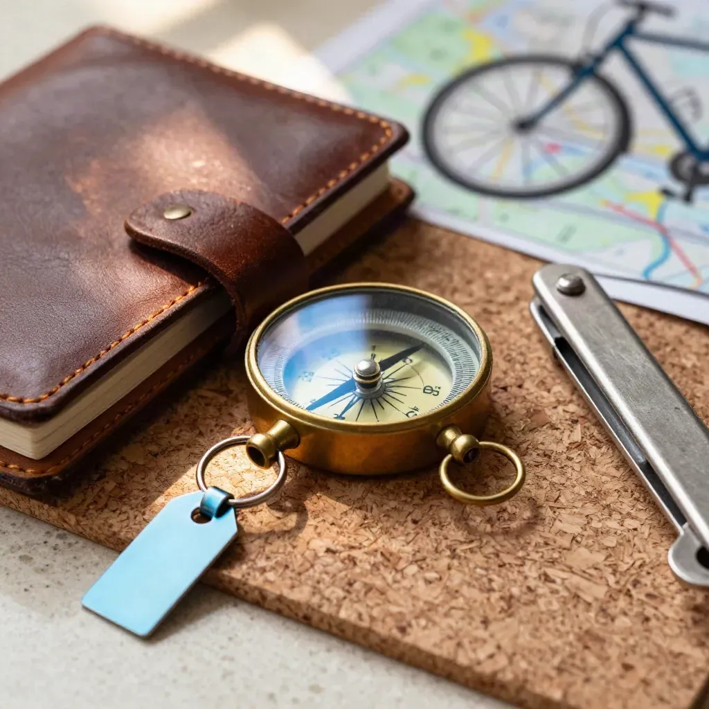 Compasso in ottone, taccuino in pelle, portachiavi bici e multiutensile su sughero.