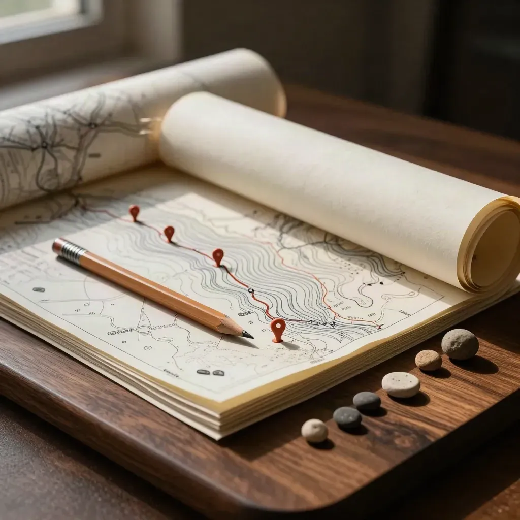 Mappe topografiche, spilli terracotta e matita su tavola da pianificazione percorsi.