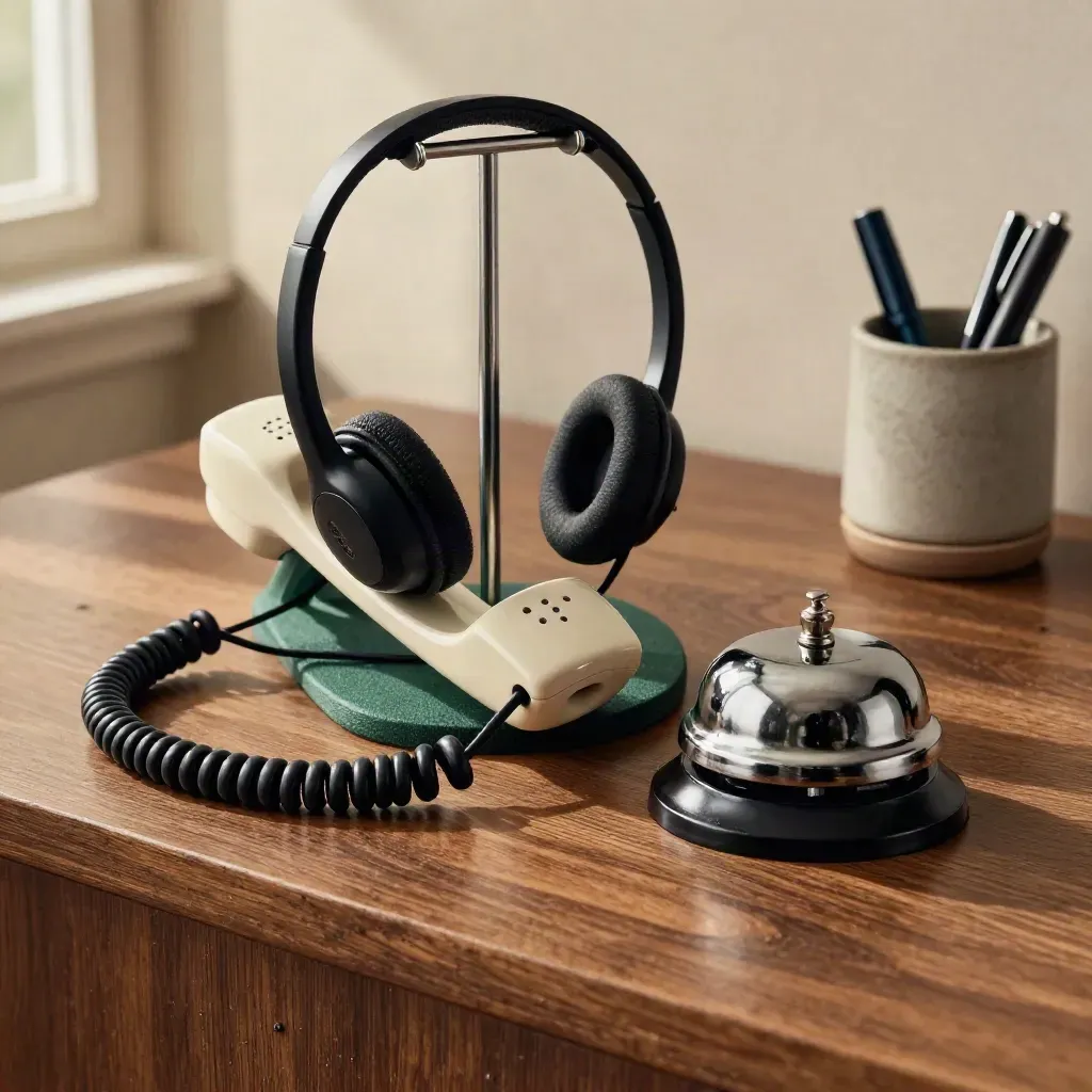 Kit da supporto clienti con cuffia, telefono a filo, campanello e portapenne su legno