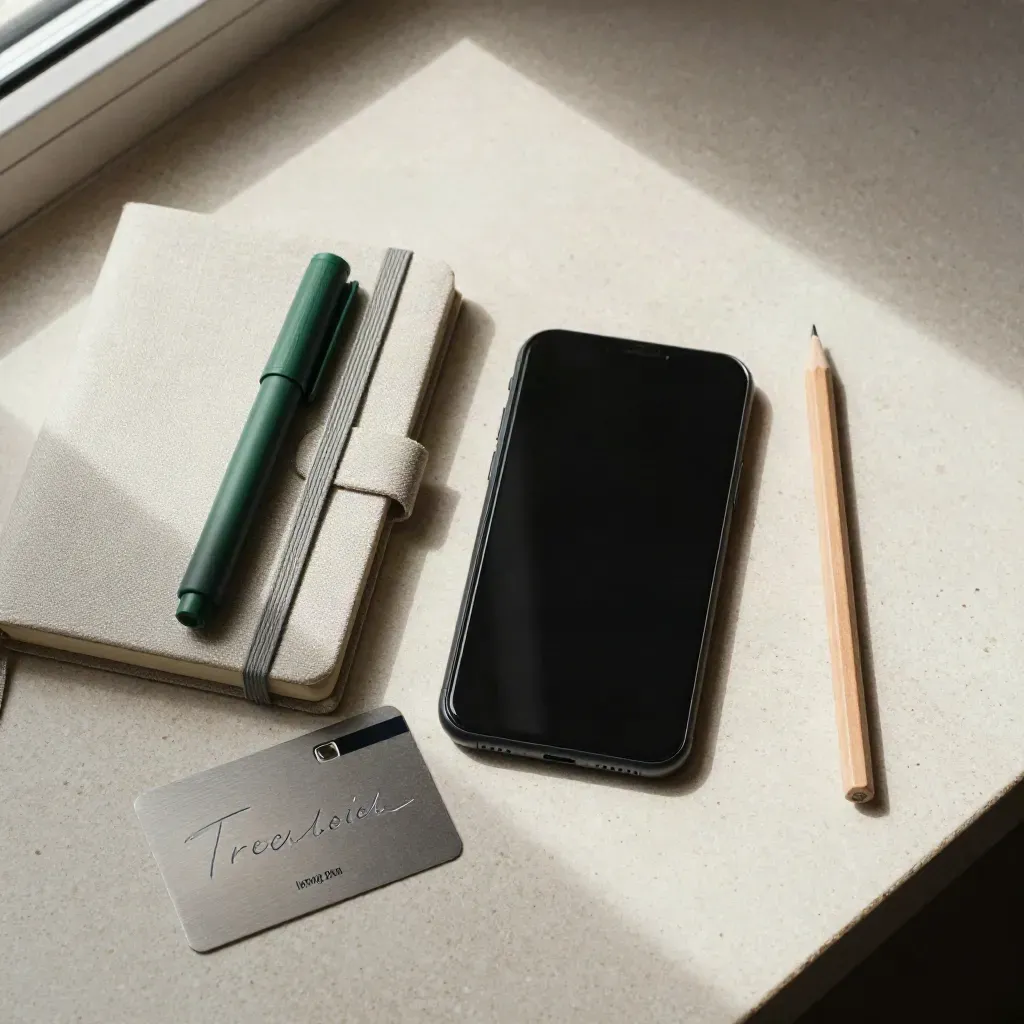 Smartphone, taccuino chiuso, matita e tessera hotel su pietra chiara, luce morbida.