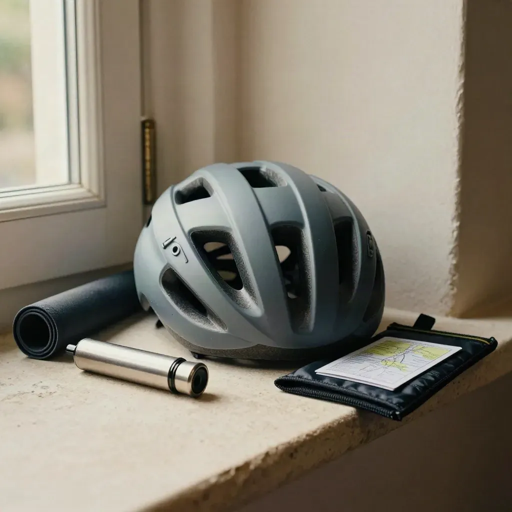 Casco bici, camera d’aria, mini pompa e borsa impermeabile su mensola in pietra