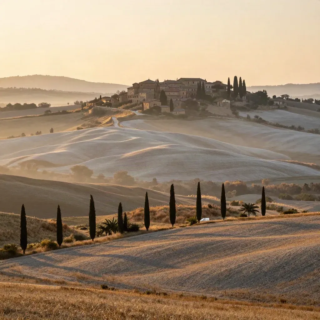 Val d’Orcia all’alba con cipressi, colline e borgo in cima tra foschia dorata.