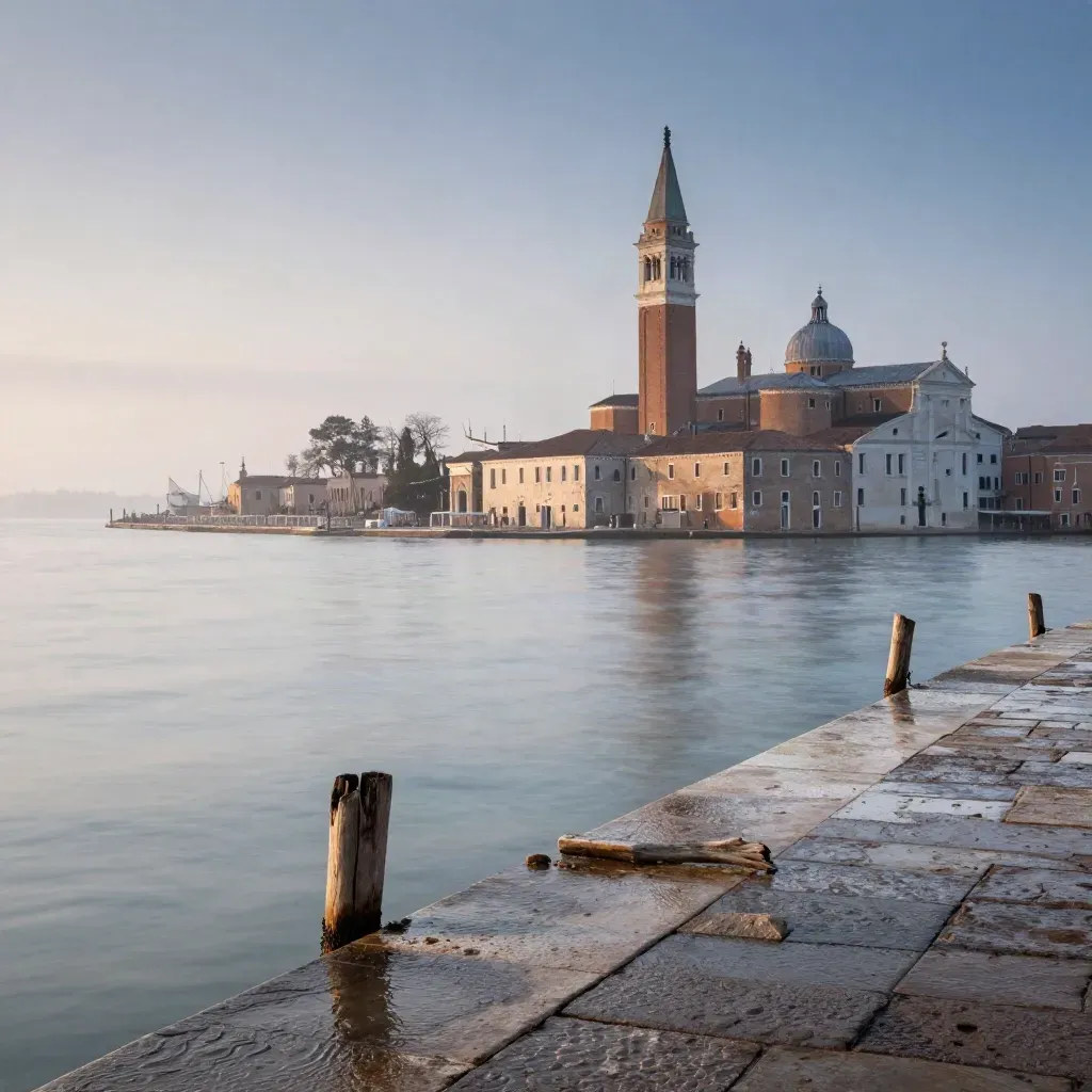 Skyline lagunare del Veneto al crepuscolo, campanile alto e acqua calma in primo piano