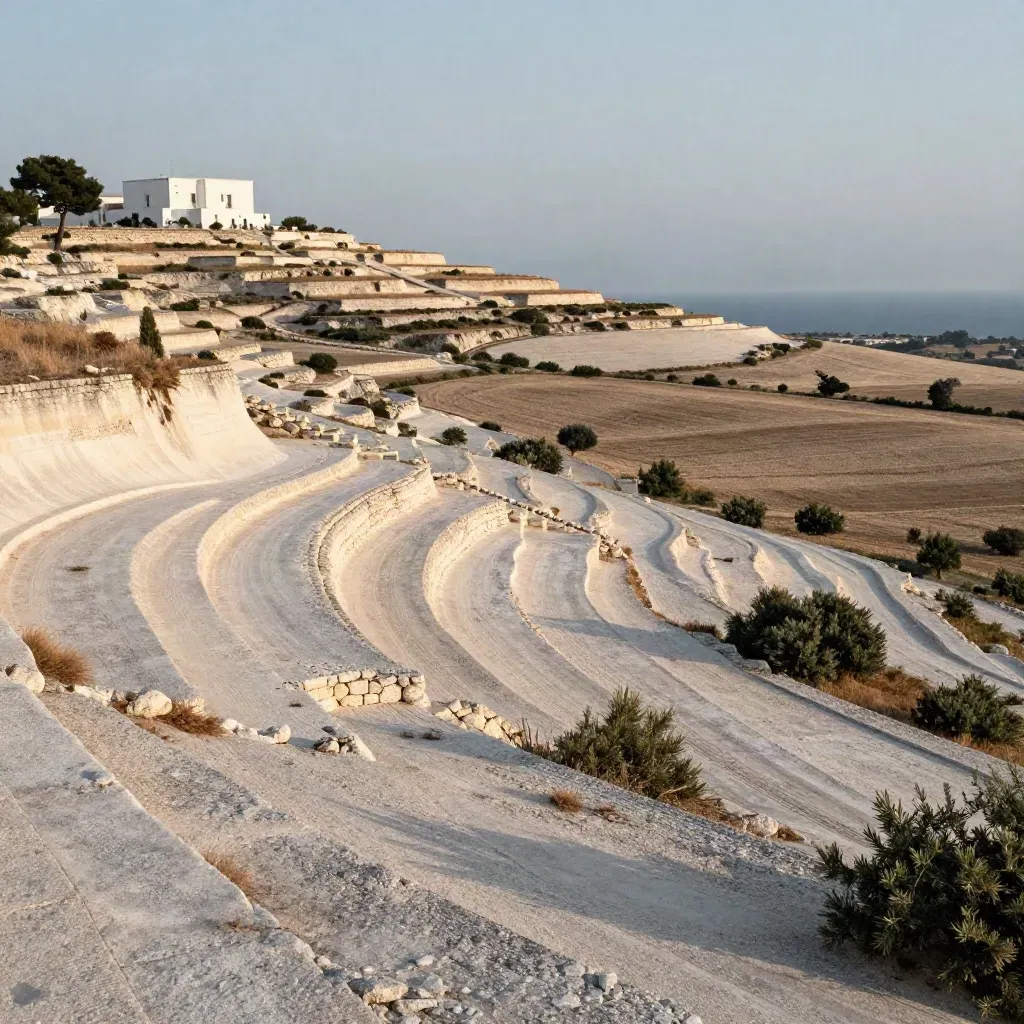 Terrazze di pietra in Puglia con masserie bianche e mare Adriatico lontano