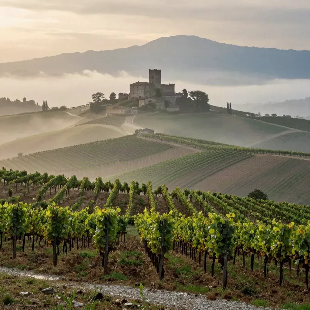 Piemonte con vigneti della Langhe, castello in collina e Alpi sfumate dalla nebbia.