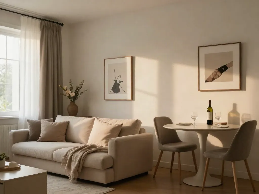 Cozy living room of discreet apartments in Sharon, highlighting intimate decor and inviting ambiance.