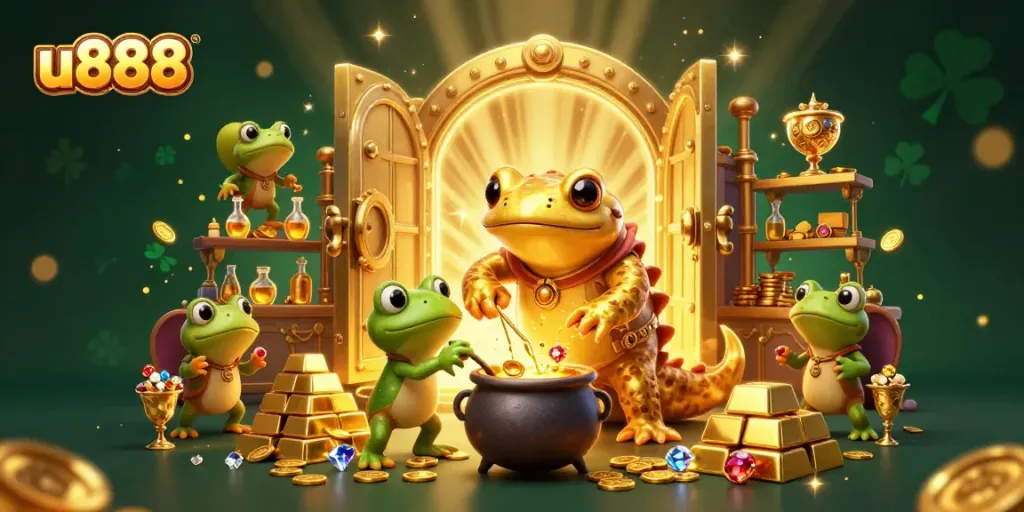 Experience tremendous wins with U888's magical alchemist and gold treasures in this vibrant casino scene.