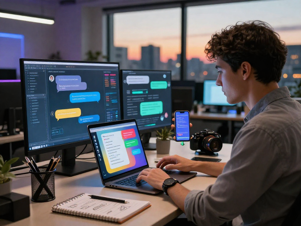 Spicychat user engaging with an advanced digital conversation tool in a vibrant office setting.