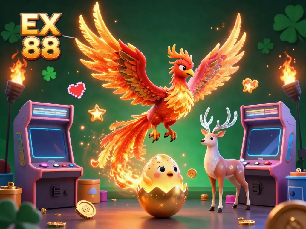 Experience the fiery excitement of EX 88 with 3D phoenix and mystical stag amidst glowing casino elements.