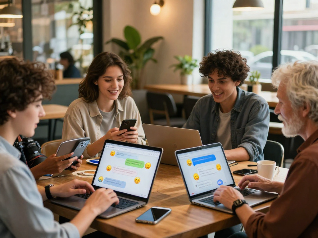Engaging group conversation in cozy cafe illustrating dirty chat ai interactions with vibrant chat interfaces.
